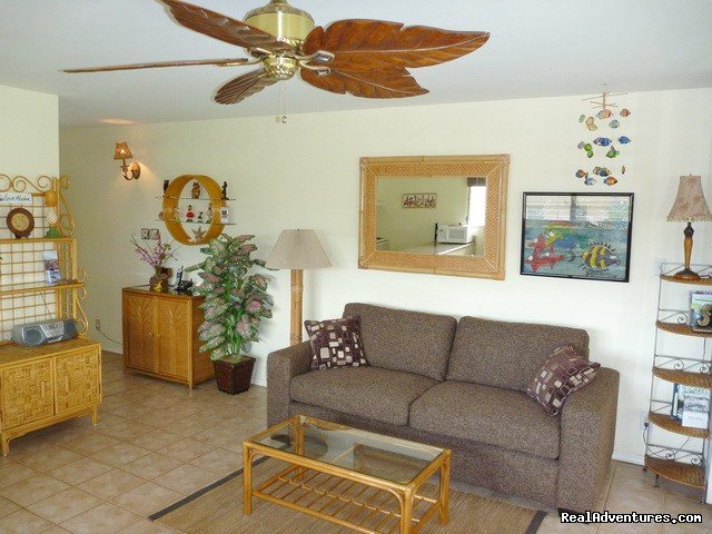 New queen sofa sleeper in the uncluttered living room. | OCEAN VIEW FROM ALL ROOMS-Top Floor, End Unit | Kihei, Hawaii  | Vacation Rentals | Image #1/18 | 