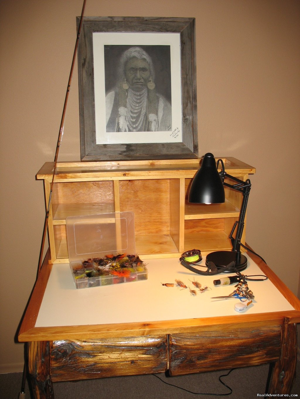 Fly Tying Table in Kamloops Living Room | Riverfront Cabins on a Private 1400 acre ranch | Image #18/19 | 