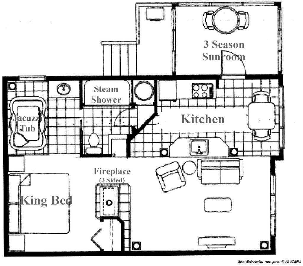 harm Resort - Cabin 5 - Elegant Bedroom - layout | Country Charm Romantic Resort | Image #16/25 | 