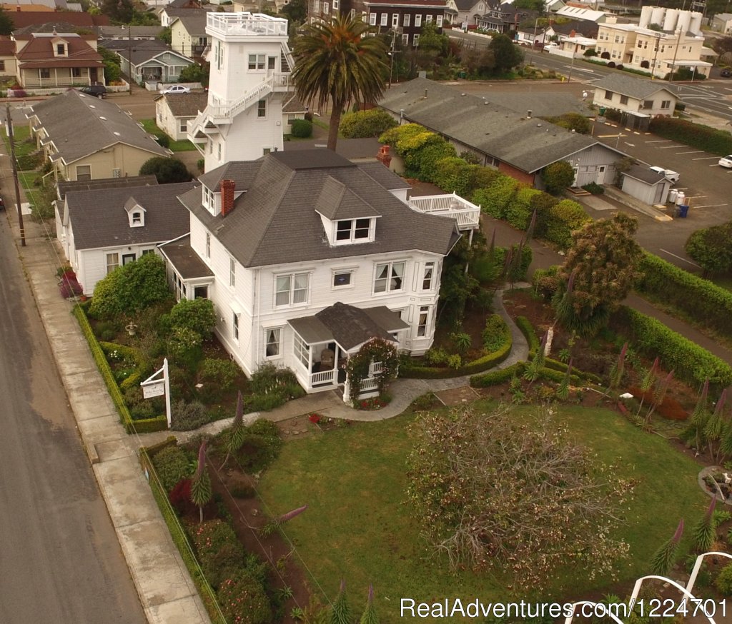 Weller House Inn, Water Tower and grounds (aerial view) | Historic Mendocino Coast Retreat Weller House Inn | Image #3/5 | 